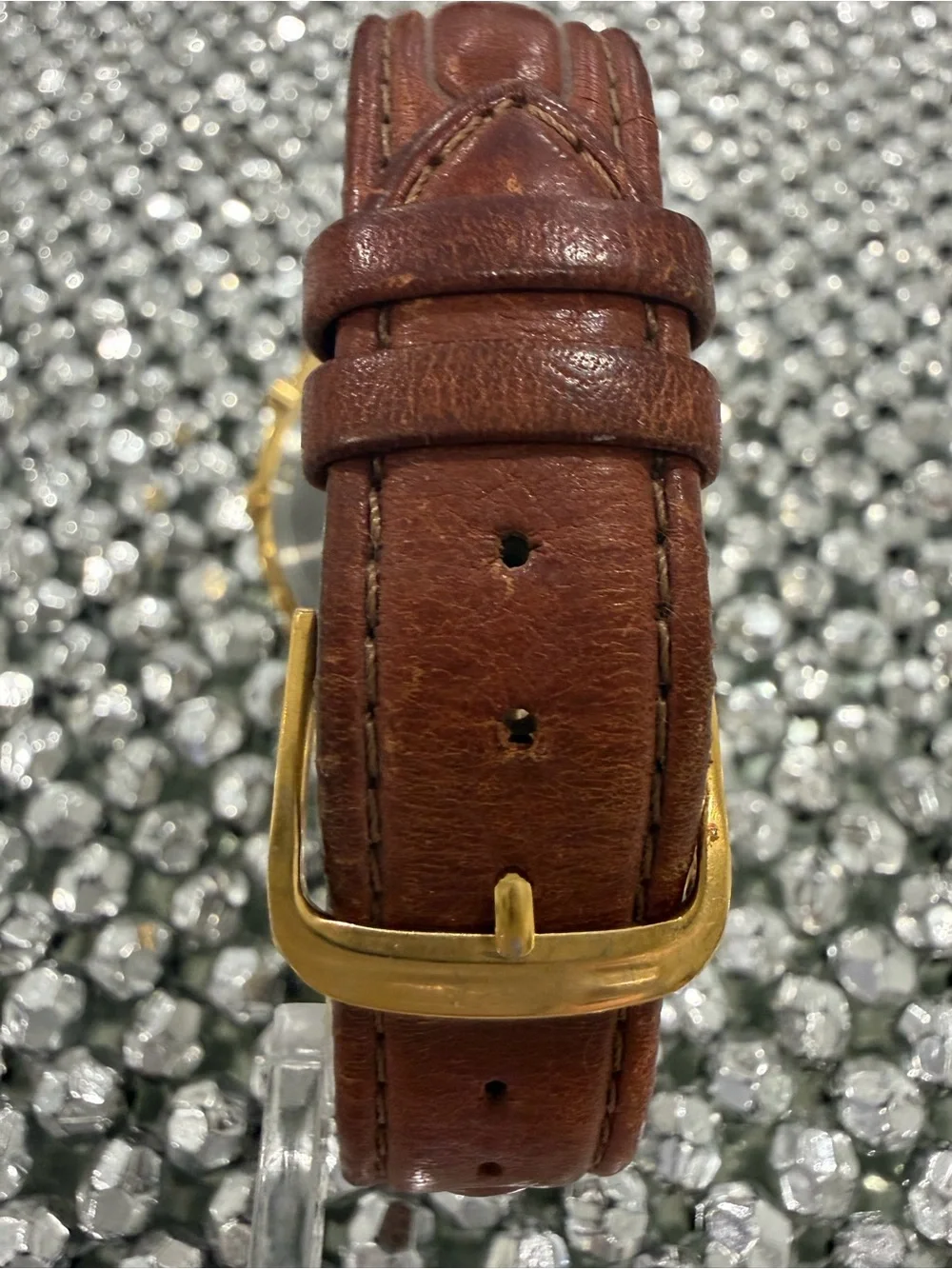Pulsar Gold-Tone Chronograph Watch with Blue Subdials and Brown Strap